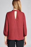 Ladies fashion 3/4 sleeve self bow tie neck back keyhole dot print woven top - Presidential Brand (R)