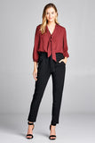 Ladies fashion 3/4 sleeve self bow tie neck back keyhole dot print woven top - Presidential Brand (R)