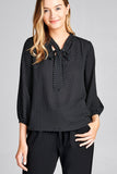Ladies fashion 3/4 sleeve self bow tie neck back keyhole dot print woven top - Presidential Brand (R)
