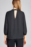Ladies fashion 3/4 sleeve self bow tie neck back keyhole dot print woven top - Presidential Brand (R)