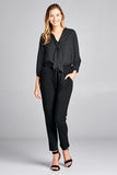 Ladies fashion 3/4 sleeve self bow tie neck back keyhole dot print woven top - Presidential Brand (R)