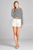 Ladies fashion long sleeve front knot w/button stripe rayon challis woven top - Presidential Brand (R)