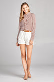 Ladies fashion long sleeve front knot w/button stripe rayon challis woven top - Presidential Brand (R)