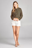 Ladies fashion long sleeve front knot w/button stripe rayon challis woven top - Presidential Brand (R)