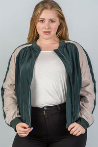 Ladies fashion plus size color block stand collar zipper long sleeve bomber jacket - Presidential Brand (R)