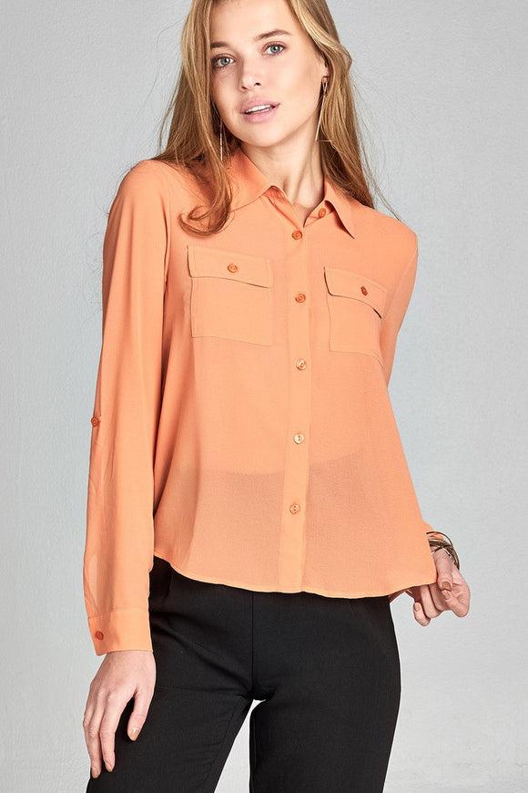 Ladies fashion long sleeve front pocket chiffon blouse w/ back button detail - Presidential Brand (R)