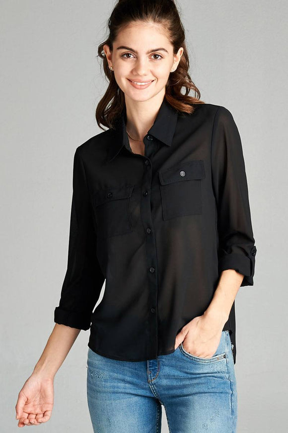 Ladies fashion long sleeve front pocket chiffon blouse w/ back button detail - Presidential Brand (R)