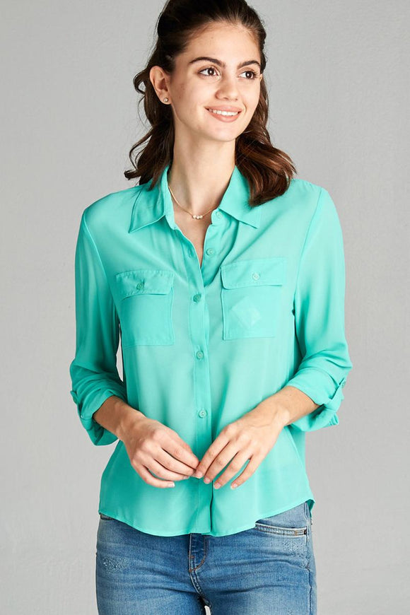 Ladies fashion long sleeve front pocket chiffon blouse w/ back button detail - Presidential Brand (R)