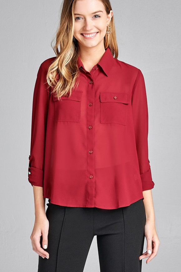 Ladies fashion long sleeve front pocket chiffon blouse w/ back button detail - Presidential Brand (R)
