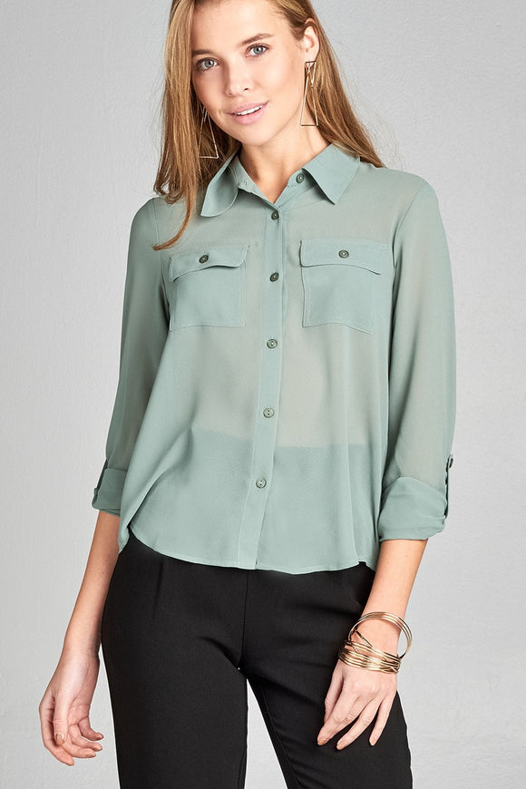 Ladies fashion long sleeve front pocket chiffon blouse w/ back button detail - Presidential Brand (R)