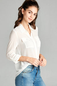 Ladies fashion long sleeve front pocket chiffon blouse w/ back button detail - Presidential Brand (R)
