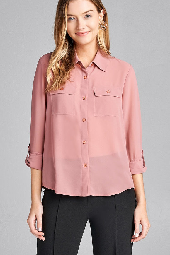 Ladies fashion long sleeve front pocket chiffon blouse w/ back button detail - Presidential Brand (R)
