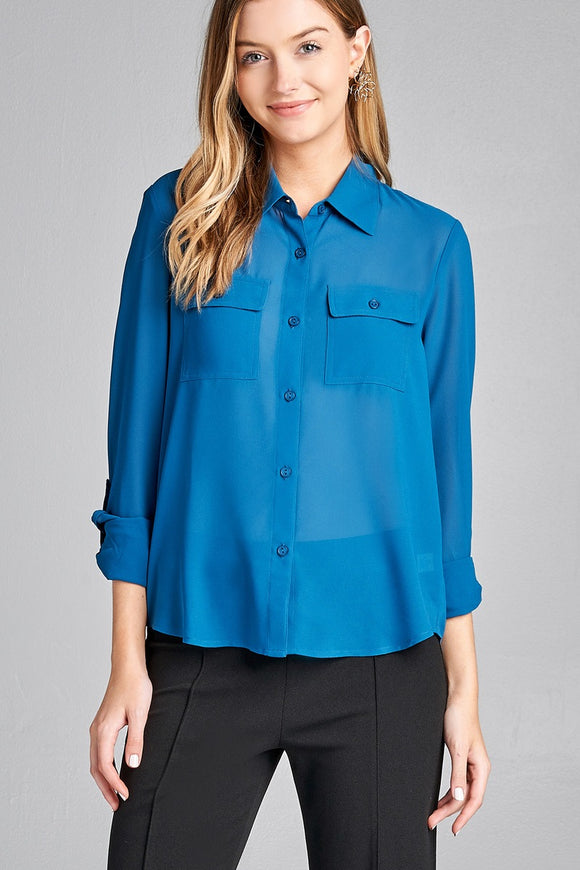 Ladies fashion long sleeve front pocket chiffon blouse w/ back button detail - Presidential Brand (R)