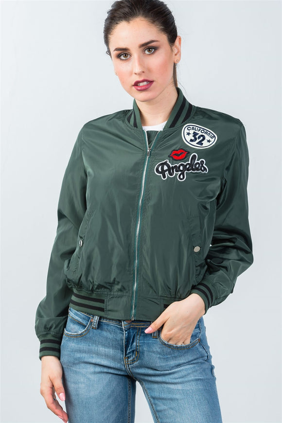 Ladies fashion ribbed trim patch bomber jacket - Presidential Brand (R)