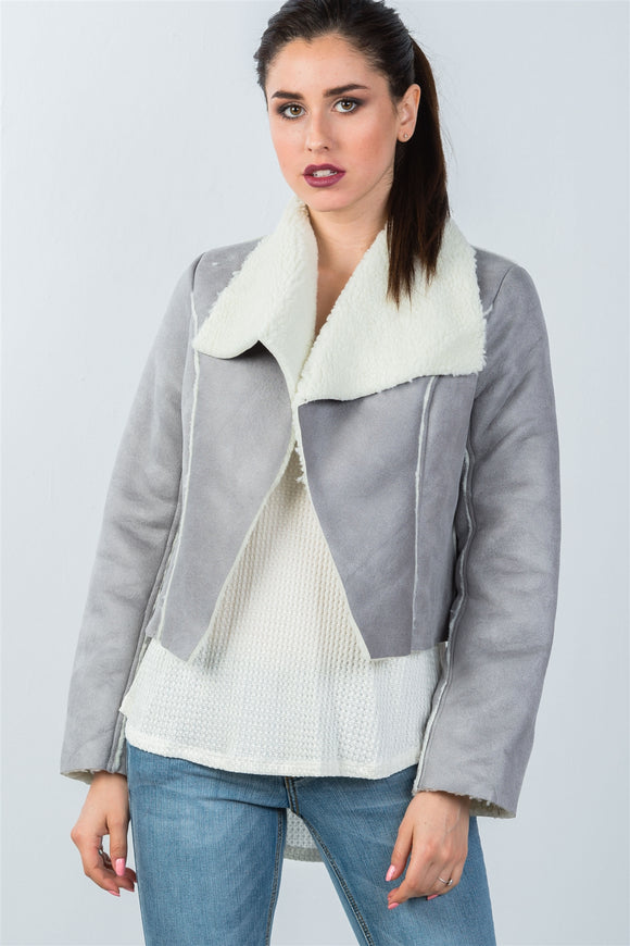 Ladies fashion relaxed fit faux sheepskin drape neck jacket - Presidential Brand (R)