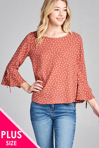 Ladies fashion plus size 3/4 w/bell sleeve round neck dot print crepe woven top - Presidential Brand (R)