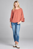 Ladies fashion plus size 3/4 w/bell sleeve round neck dot print crepe woven top - Presidential Brand (R)