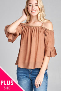 Ladies fashion plus size short sleeve open shoulder w/lace trim sub gauze woven top - Presidential Brand (R)