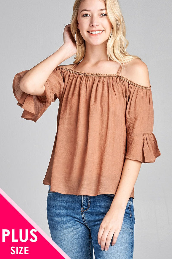Ladies fashion plus size short sleeve open shoulder w/lace trim sub gauze woven top - Presidential Brand (R)