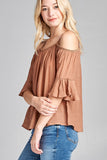 Ladies fashion plus size short sleeve open shoulder w/lace trim sub gauze woven top - Presidential Brand (R)