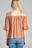 Ladies fashion plus size short sleeve open shoulder w/lace trim sub gauze woven top - Presidential Brand (R)