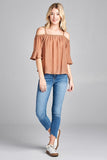 Ladies fashion plus size short sleeve open shoulder w/lace trim sub gauze woven top - Presidential Brand (R)