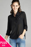 Ladies fashion plus size long sleeve front pocket chiffon blouse w/black button detail - Presidential Brand (R)
