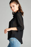 Ladies fashion plus size long sleeve front pocket chiffon blouse w/black button detail - Presidential Brand (R)
