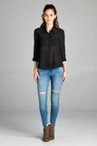 Ladies fashion plus size long sleeve front pocket chiffon blouse w/black button detail - Presidential Brand (R)