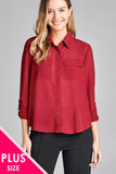 Ladies fashion plus size long sleeve front pocket chiffon blouse w/black button detail - Presidential Brand (R)