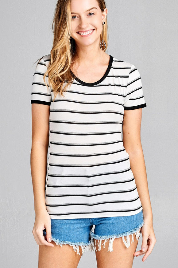 Ladies fashion short sleeve round neck yarn dye stripe rayon spandex jersey top - Presidential Brand (R)