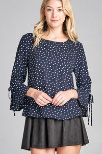 Ladies fashion 3/4 w/bell sleeve round neck dot print crepe woven top - Presidential Brand (R)