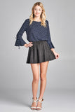 Ladies fashion 3/4 w/bell sleeve round neck dot print crepe woven top - Presidential Brand (R)