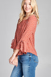 Ladies fashion 3/4 w/bell sleeve round neck dot print crepe woven top - Presidential Brand (R)