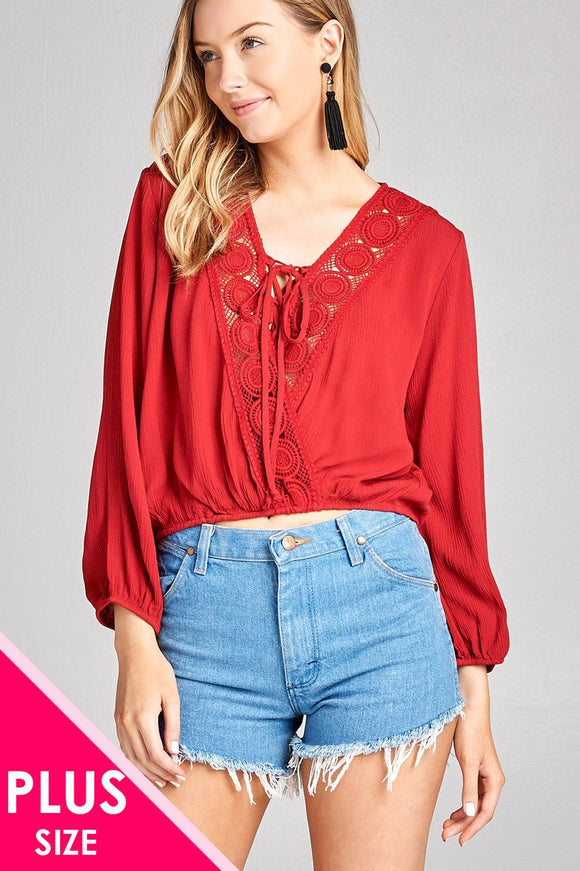 Plus size Ladies fashion 3/4 Sleeve Crochet lace Trim W/Lace Up Crinkle Gauze Woven Top - Presidential Brand (R)