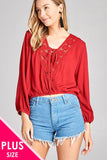 Plus size Ladies fashion 3/4 Sleeve Crochet lace Trim W/Lace Up Crinkle Gauze Woven Top - Presidential Brand (R)