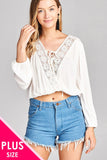 Ladies fashion plus size 3/4 sleeve crochet lace trim w/lace up crinkle gauze woven top - Presidential Brand (R)