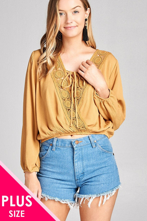 Plus Size Ladies fashion 3/4 Sleeve Crochet lace Trim / Lace Up Crinkle Gauze Woven Top - Presidential Brand (R)
