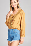 Plus Size Ladies fashion 3/4 Sleeve Crochet lace Trim / Lace Up Crinkle Gauze Woven Top - Presidential Brand (R)