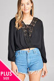 Plus Size Ladies fashion 3/4 Sleeve Crochet lace Trim W / lace Up Crinkle Gauze Woven Top - Presidential Brand (R)