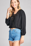 Plus Size Ladies fashion 3/4 Sleeve Crochet lace Trim W / lace Up Crinkle Gauze Woven Top - Presidential Brand (R)