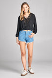 Plus Size Ladies fashion 3/4 Sleeve Crochet lace Trim W / lace Up Crinkle Gauze Woven Top - Presidential Brand (R)