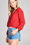 Plus size Ladies fashion 3/4 Sleeve Crochet lace Trim W/Lace Up Crinkle Gauze Woven Top - Presidential Brand (R)