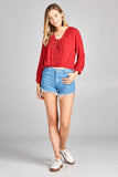 Plus size Ladies fashion 3/4 Sleeve Crochet lace Trim W/Lace Up Crinkle Gauze Woven Top - Presidential Brand (R)