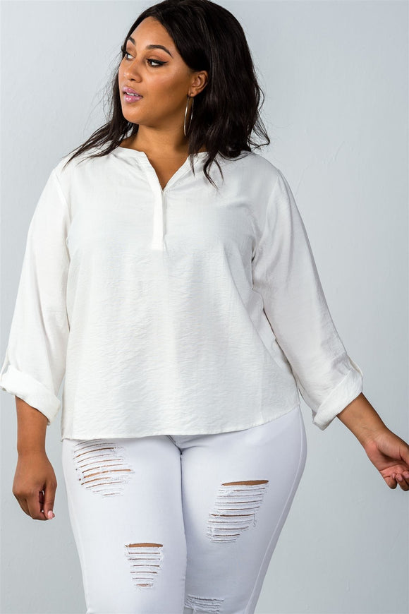 Ladies fashion plus size  oatmeal stand-up collar roll tab sleeve blouse - Presidential Brand (R)