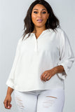 Ladies fashion plus size  oatmeal stand-up collar roll tab sleeve blouse - Presidential Brand (R)