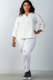 Ladies fashion plus size  oatmeal stand-up collar roll tab sleeve blouse - Presidential Brand (R)