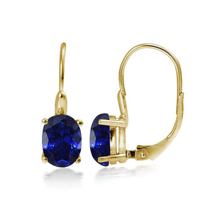 Yellow Gold Flashed Sterling Silver Created Blue Sapphire 8x6mm Oval Leverback Earrings - Presidential Brand (R)