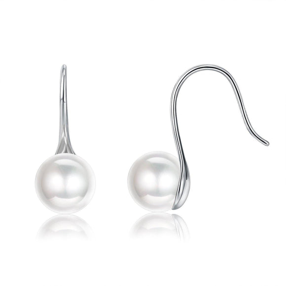 18K White Gold Plated Classic White Fresh Water Pearl Dangle Earrings - Presidential Brand (R)