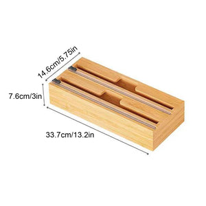 3 IN 1 Bamboo Wood Plastic Wrap Dispenser Food Wrap Cling Film Storage Organizer Kitchen Plastic Aluminum Foil/Wax Paper